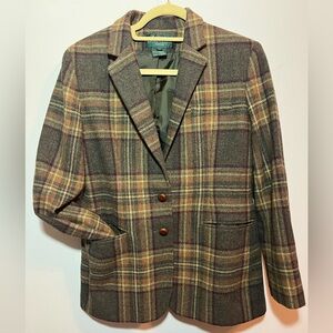 Vintage Ralph Lauren 6 Equestrian Plaid WOOL Blazer Elbow Patches Jacket Browns